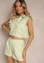 Set de bumbac verde deschis cu top pe butoni și pantaloni scurți largi cu elastic în talie Nestasue