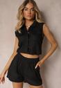 Set de bumbac negru cu cămașă pe nasturi și pantaloni scurți largi cu elastic în talie de la Nestasue