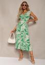 Rochie verde evazată din viscoză cu elastic în talie și decolteu triunghiular Ilnesta