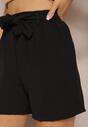 Negru Pantaloni Scurți Bermuda Talie Înaltă cu Elastic și Curea din Material Renetta