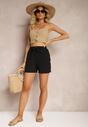 Negru Pantaloni Scurți Bermuda Talie Înaltă cu Elastic și Curea din Material Renetta