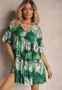 Rochie Alb-Verde Cloș cu Volan și Decolteu Triunghiular Tiamaya