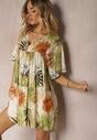 Rochie Alb-Portocalie cu Croi Clos Volan și Decolteu Triunghiular Tiamaya