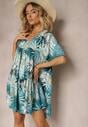 Rochie Alb-Albastră Cloș cu Volan și Decolteu Triunghiular Tiamaya