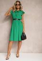 Rochie verde închis evazată cu elastic în talie și legătură la decolteu Naque