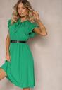 Rochie verde închis evazată cu elastic în talie și legătură la decolteu Naque