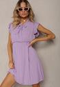Rochie Violetă Cloș cu Elastic în Talie și Fundă la Decolteu Naque