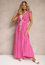 Rochie Fucsia din Bumbac și Viscoză cu Decolteu Tip Înfășurare cu Elastic și Șnur în Talie Terin