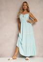 Rochie bleu deschis cu nasturi pe bretele cu elastic în talie și volan Tiamalia