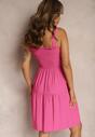 Rochie Fucsia pe Bretele cu Volan și Elastic în Talie Tiamare