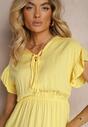 Rochie Galbenă cu Fundă din Material cu Elastic în Talie și Volan Tiamari