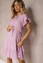 Rochie Violetă Cu Curea Din Material Și Elastic În Talie Și Volan Tiamari