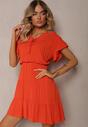 Rochie Portocalie cu Cureau Material si Elastic in Talie si Volan Tiamari