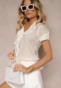 Biała Bluzka z Jedwabiem o Koszulowym Kroju z Falbankami Zapinana na Guziki Nestaeve