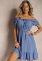 Rochie albastră din viscoză cu elastic în talie și decolteu cu șnur Tiimazela