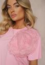 Tricou Roz din Bumbac cu Mânecă Scurtă și Floare Decorativă Krissas