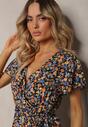 Rochie Negru-Albastru din Bumbac în stil Curea în Talie cu Imprimeu Floral Risalline de la