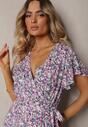 Rochie alb-mov din bumbac înfășurată cu curea în talie cu imprimeu floral Risalline