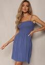 Rochie bleumarin din bumbac cu bretele cu croi evazat și top cu pliuri Christten
