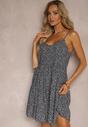 Rochie bleumarin evazată din bumbac cu bretele cu flori Qiloa