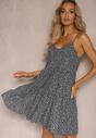 Rochie bleumarin evazată din bumbac cu bretele cu flori Qiloa