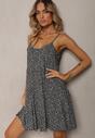 Rochie Neagră Cloș din Bumbac cu Bretele și Imprimeu Floral Qiloa