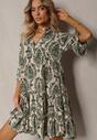 Rochie verde din bumbac cu croi evazat cu volan Niloa
