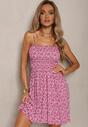 Rochie Fucsia din Bumbac cu Bretele cu Cloș și Top Cu Volane Risetto