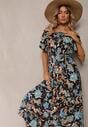 Rochie Spaniolă din Bumbac Negru-Albastru cu Talie Legată și Model Floral Risarrae