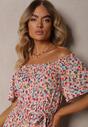 Rochie din Bumbac Alb-Roz cu Volane și Imprimeu Floral Rissamond