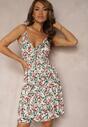Rochie Alb-Verde din Bumbac cu Bretele cu Elastic în Talie și Decolteu în V Dimitty