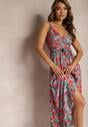 Rochie verde-roșie tip plic din bumbac cu flori pe bretele Rissanda