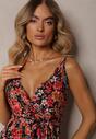 Rochie Neagră-Portocalie Tip Plic din Bumbac cu Imprimeu Floral pe Bretele Rissanda