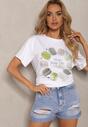 Tricou Alb-Verde din Bumbac cu Imprimeu Decorativ și Pietre Tessera