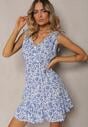 Rochie Albastru-Alb din Bumbac cu Bretele Groase cu Elastic în Talie Încheiată cu Nasturi Tessri
