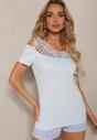 Bluză Albastru Deschis cu Mâncă Scurtă din Bumbac Decorată cu Broderie și Decupaje pe Umeri Testarla
