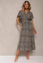 Rochie creion bej-neagră din bumbac cu elastic în talie și curea din material Teslana