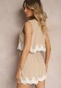 Beżowy Komplet Ozdobiony Koronką Top na Ramiączkach Szorty Luźne High Waist Filoa