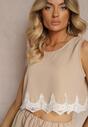 Beżowy Komplet Ozdobiony Koronką Top na Ramiączkach Szorty Luźne High Waist Filoa