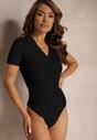 Body Polo Negru Striat din Bumbac cu Capse cu Guler Missala