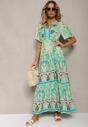 Rochie verde boho din viscoză cu nasturi decorativi și curea subțire în talie Dimosia