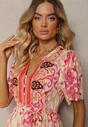 Rochie Boho Roșie din Viscoză cu Nasturi Decorativi și Curea Subțire în Talie Dimosia