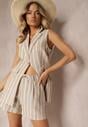 Beżowe Bermudy Szorty High Waist w Paski Vikitesa