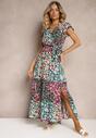 Rochie Violet-Verde cu Mânecă Scurtă din Viscoză cu Elastic în Talie cu Curea din Material și Dimonte