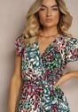 Rochie Violet-Verde cu Mânecă Scurtă din Viscoză cu Elastic în Talie cu Curea din Material și Dimonte