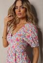Rochie Roz Viscoză cu Pliuri Șliț pe Picior și Elastic în Talie Missalene