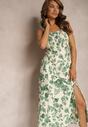 Rochie Alb-Verde din Bumbac cu Bretele cu Elastic în Talie și Șliț Decorativ pe Picior Dimrrou