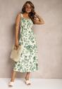 Rochie Alb-Verde din Bumbac cu Bretele cu Elastic în Talie și Șliț Decorativ pe Picior Dimrrou