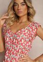 Rochie Roșie din Bumbac cu Elastic în Talie și Decolteu în V Delletta