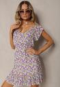 Rochie Violet-Verde din Bumbac cu Elastic în Talie și Decolteu în V Delletta